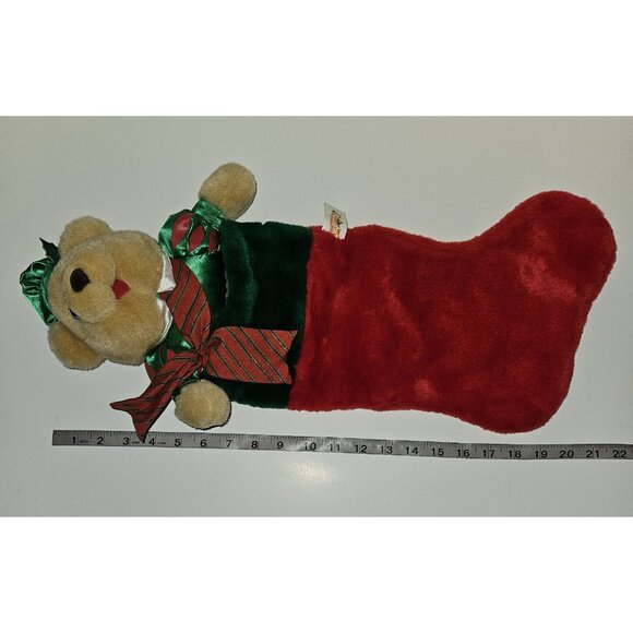 VTG 1993 Christmas Stocking Plush Brown Teddy Bear Red Green Merry Gifts Kmart - Picture 10 of 10